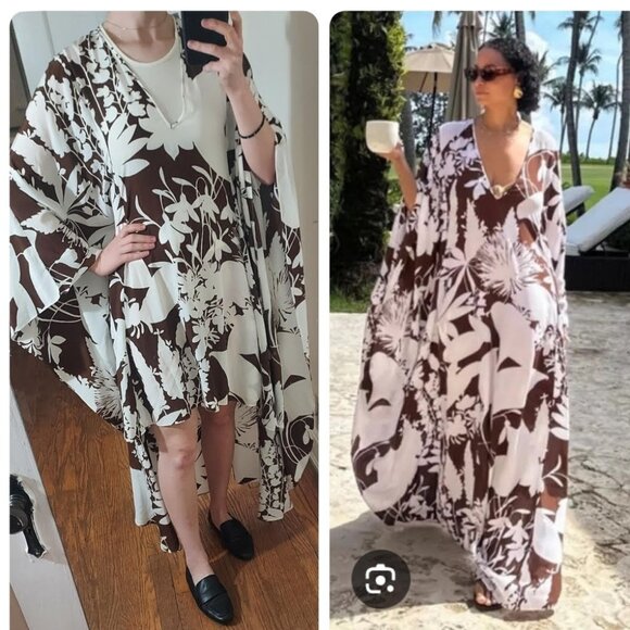 Michael Kors Collection Floral Silk V-Neck Brown White Caftan Dress - Picture 1 of 9